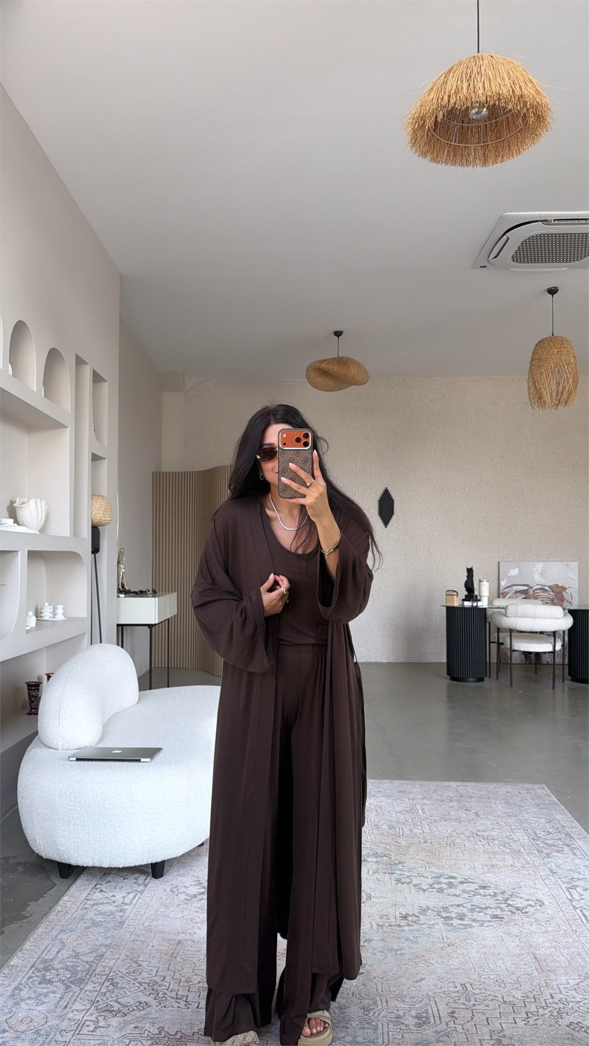 Kahverengi İnce Modal Üçlü Kimono Atlet Pantolon Takım