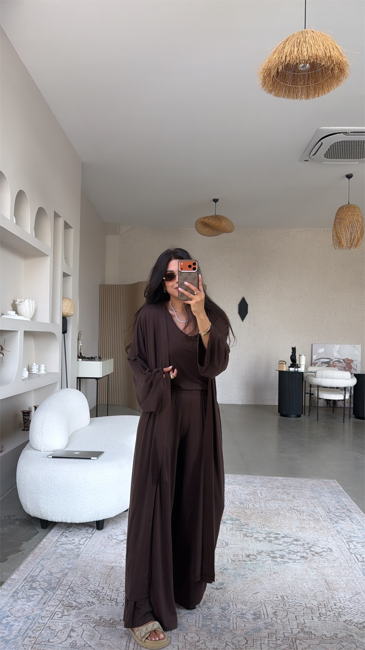 Kahverengi İnce Modal Üçlü Kimono Atlet Pantolon Takım