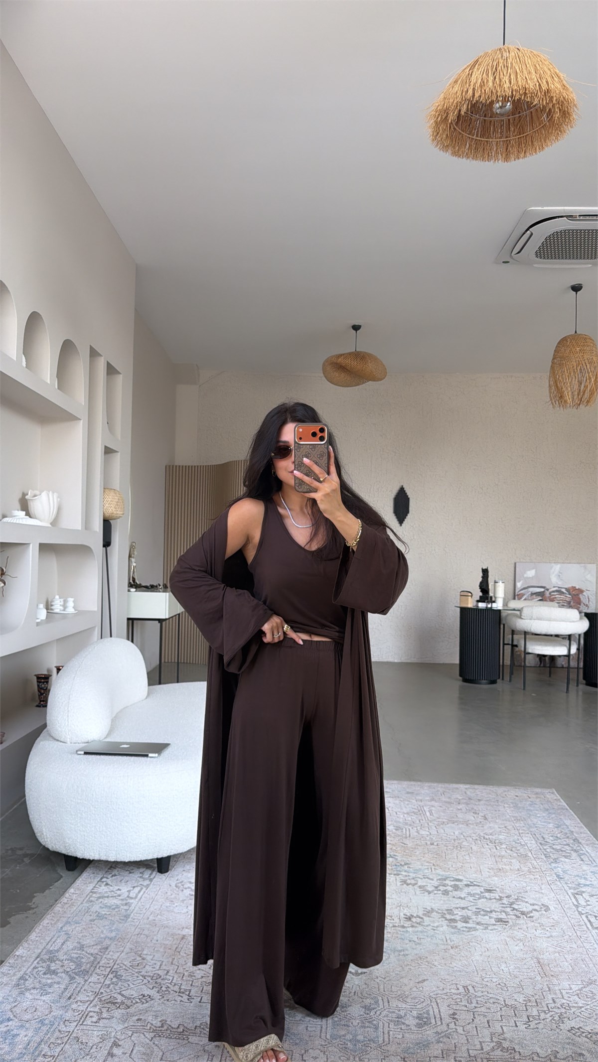 Kahverengi İnce Modal Üçlü Kimono Atlet Pantolon Takım