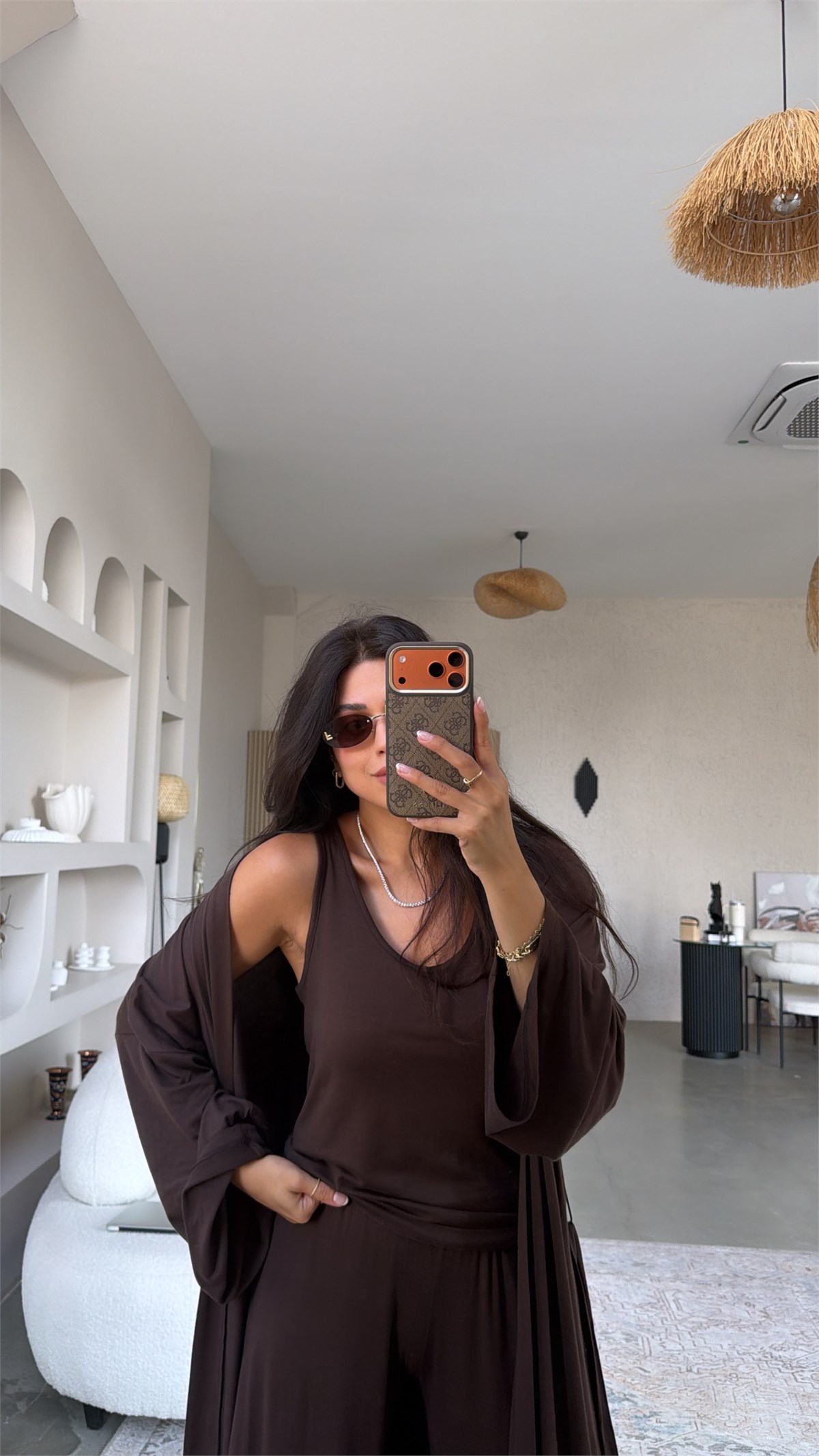 Kahverengi İnce Modal Üçlü Kimono Atlet Pantolon Takım