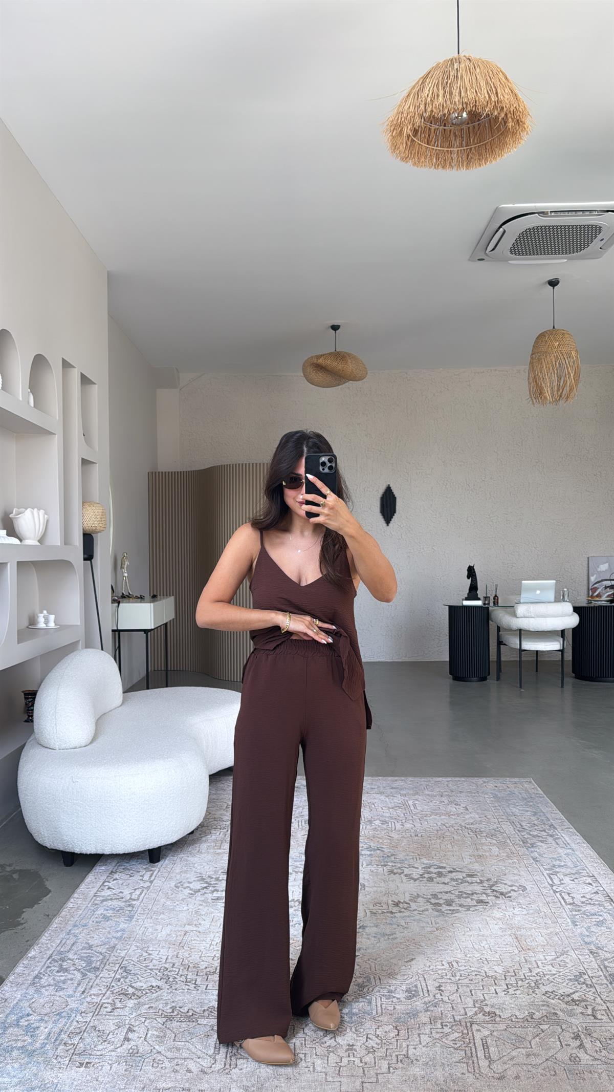 Kahverengi İp Askılı Basic Tiril Takım