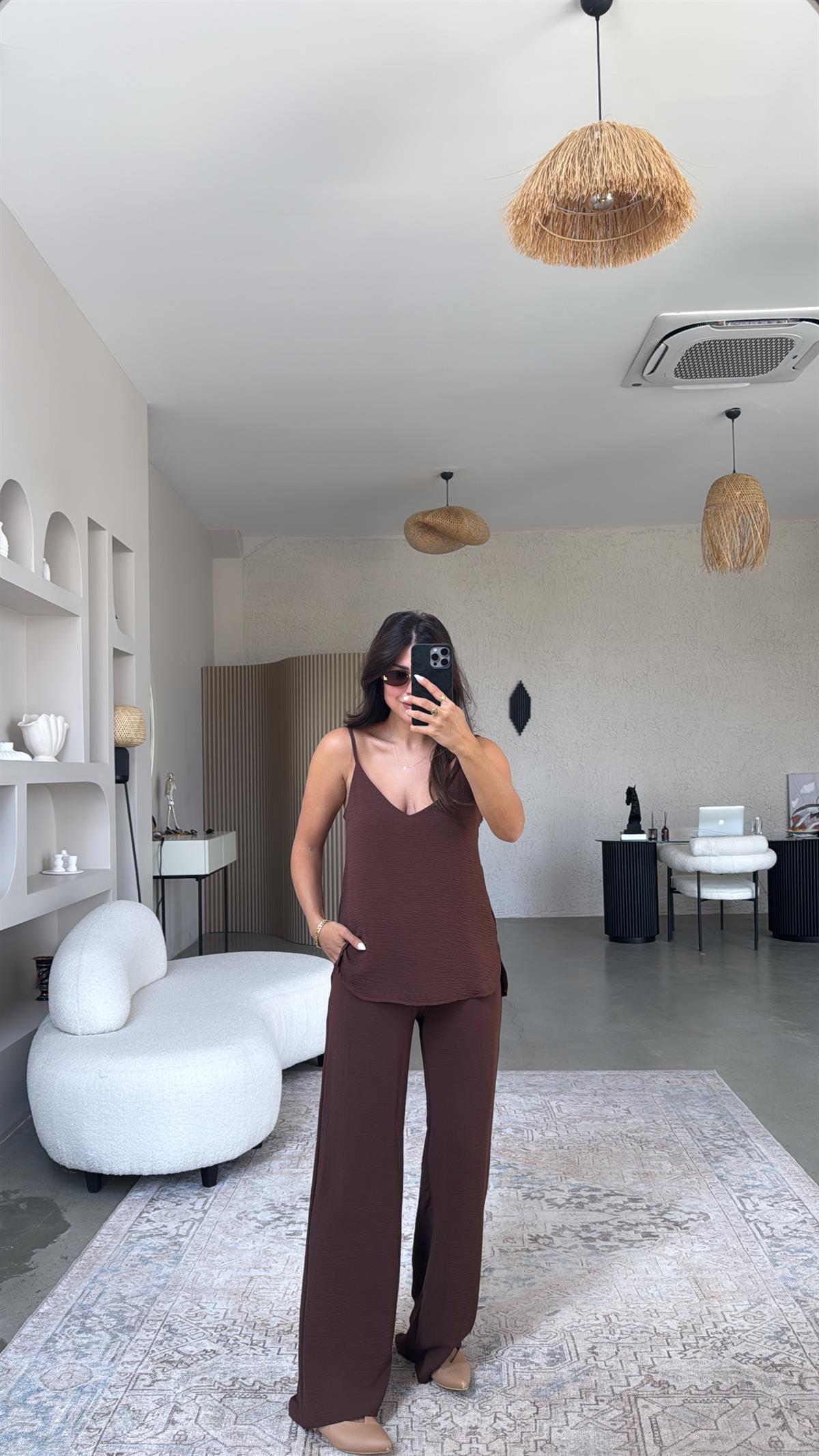 Kahverengi İp Askılı Basic Tiril Takım