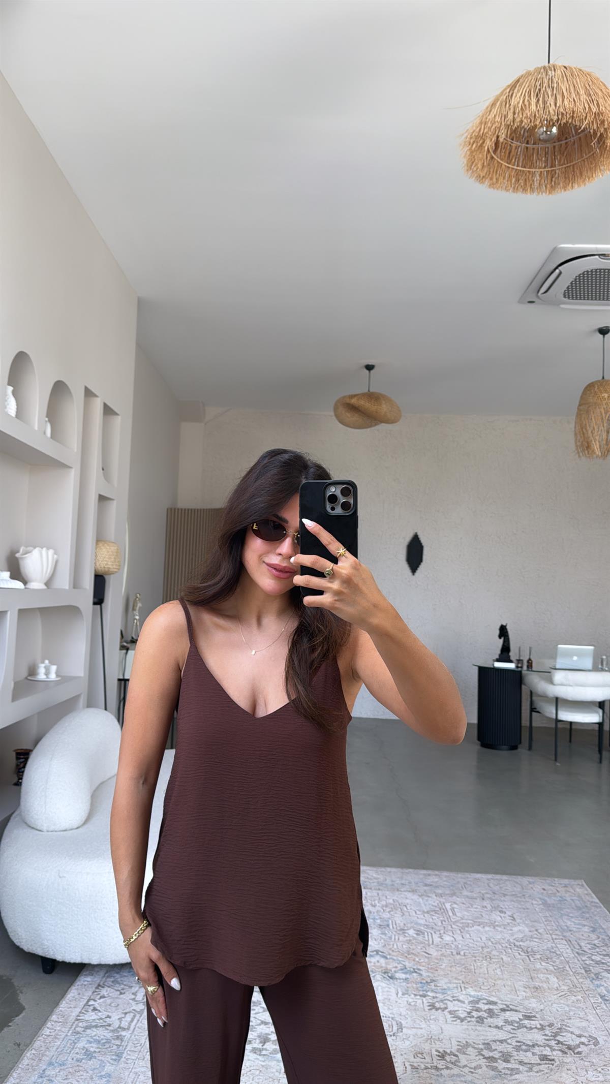 Kahverengi İp Askılı Basic Tiril Takım