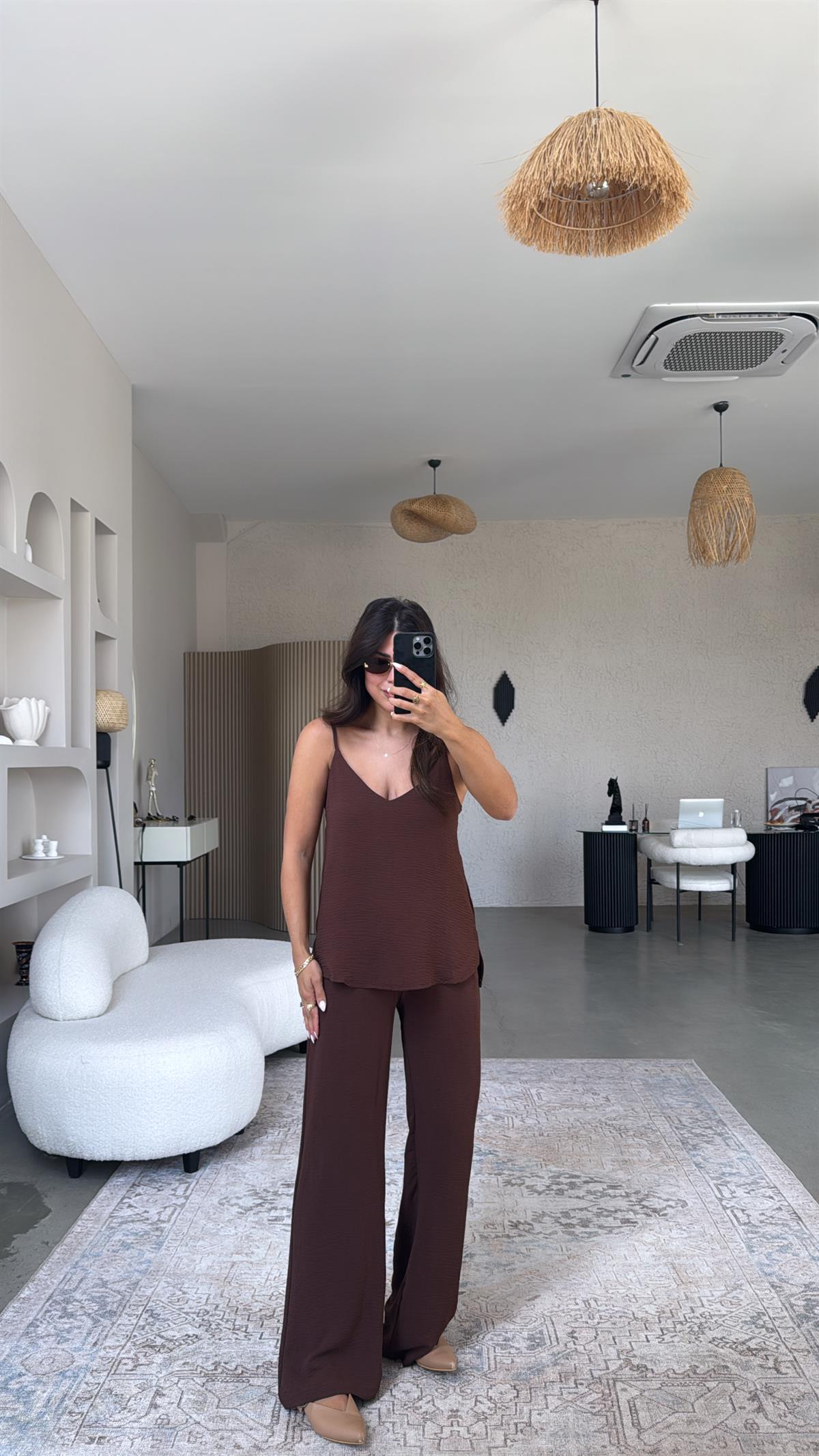 Kahverengi İp Askılı Basic Tiril Takım