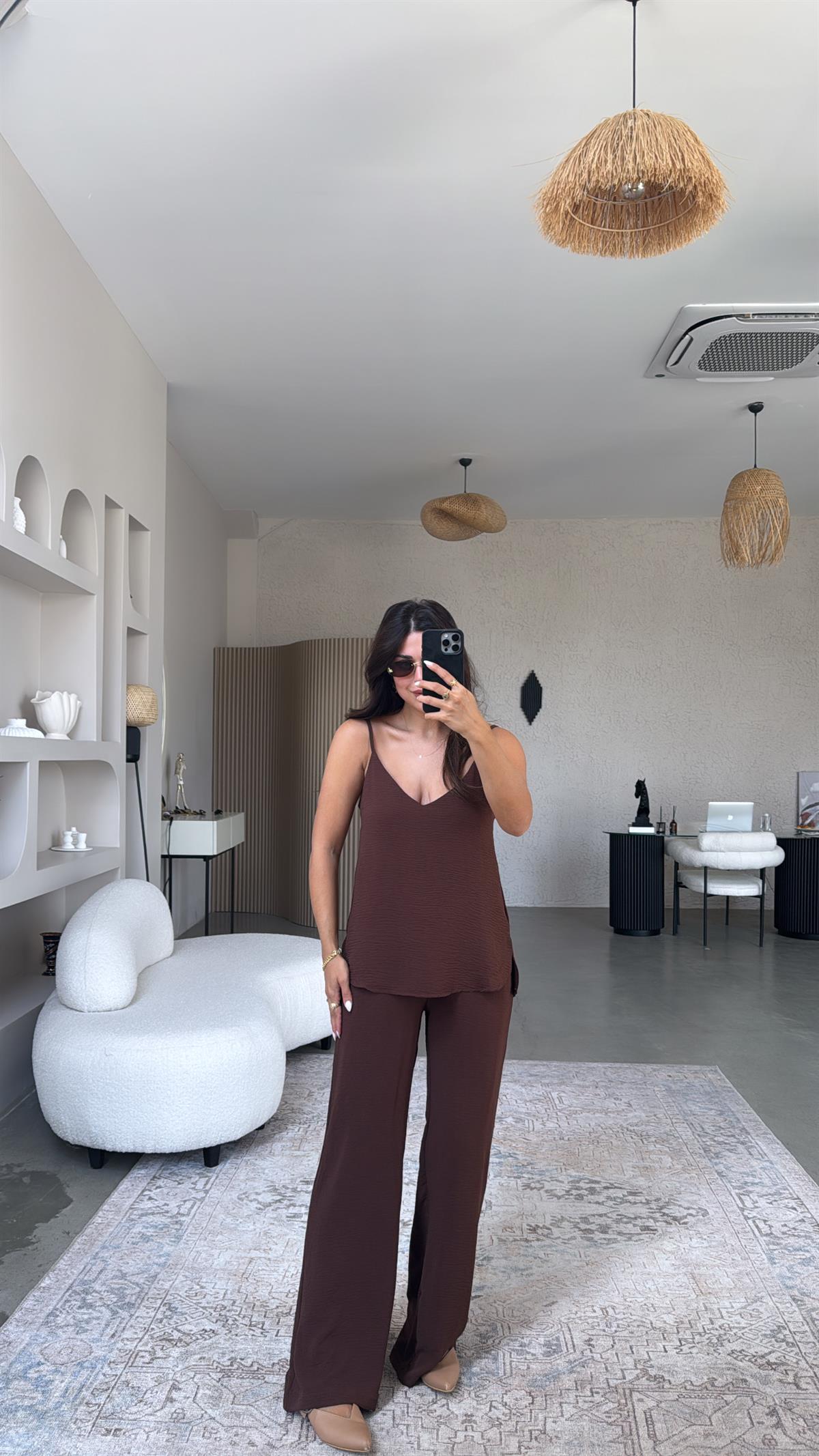 Kahverengi İp Askılı Basic Tiril Takım