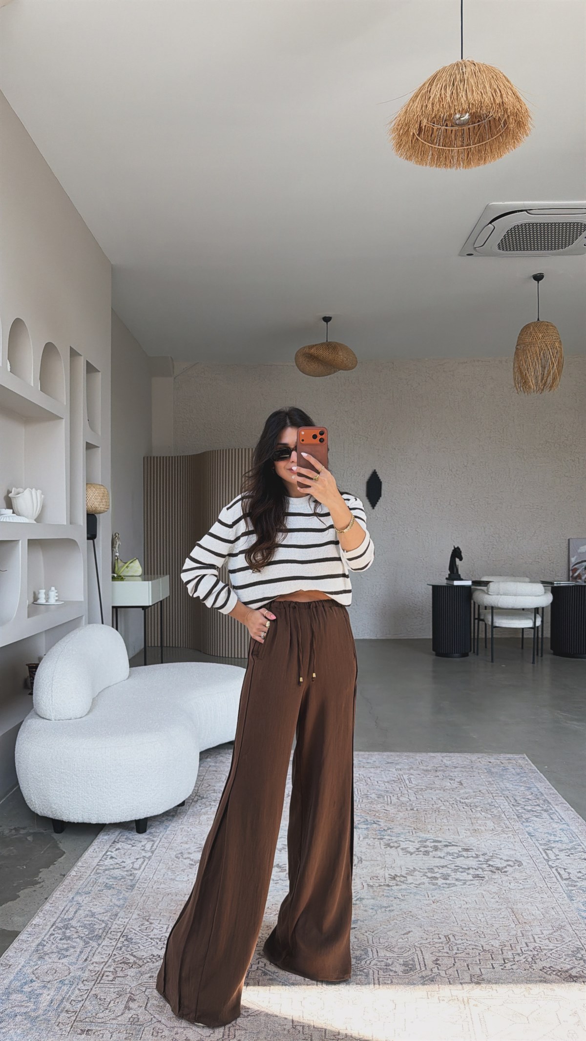 Kahverengi İpek Dokuma Yanı Detaylı Lastikli Premium Pantolon