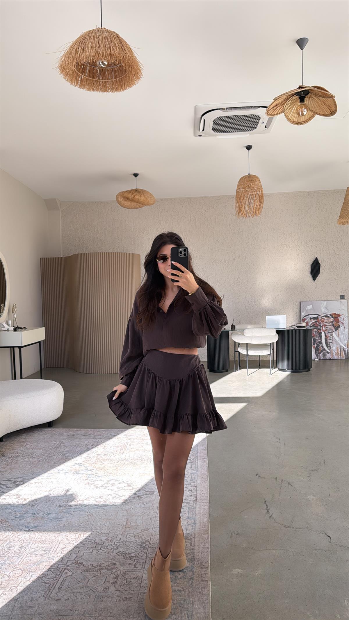 Kahverengi İpek Tensel Kumaş Etek Gömlek Takım