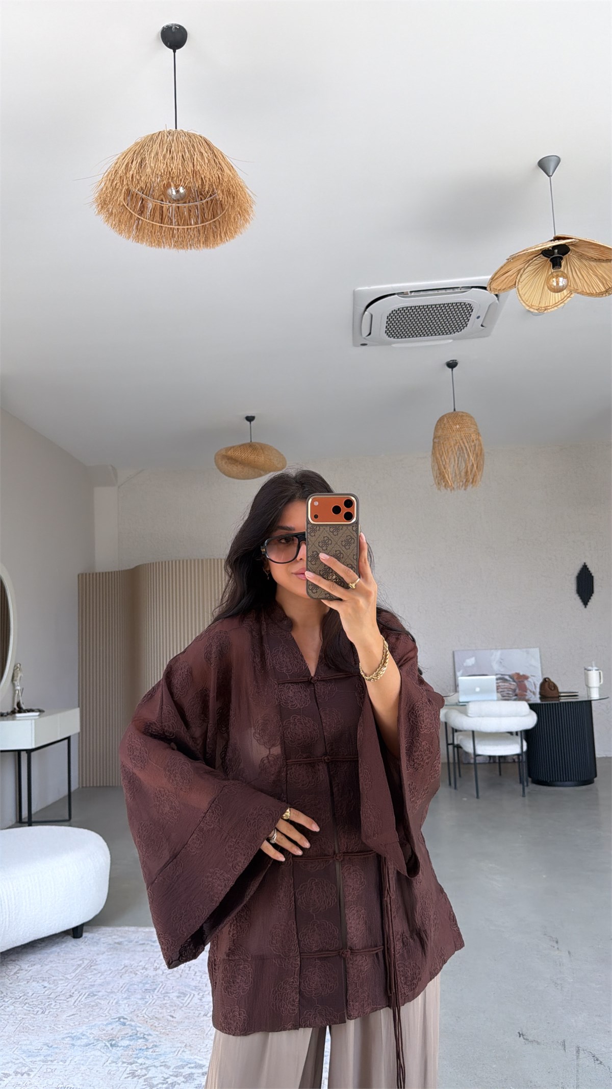 Kahverengi İşlemeli Gömlek Kimono