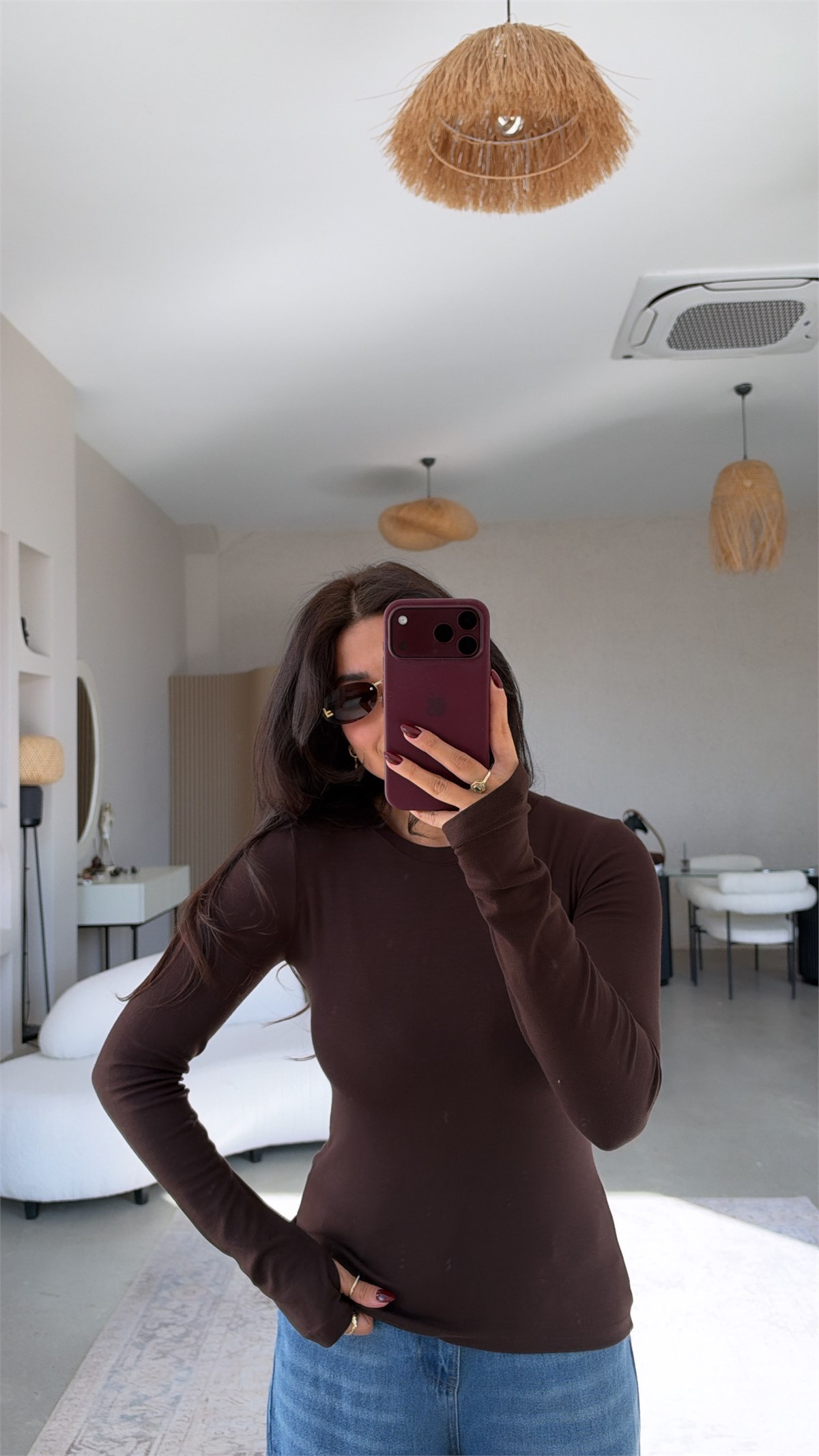 Kahverengi İthal Kumaş Parmak Geçme Body