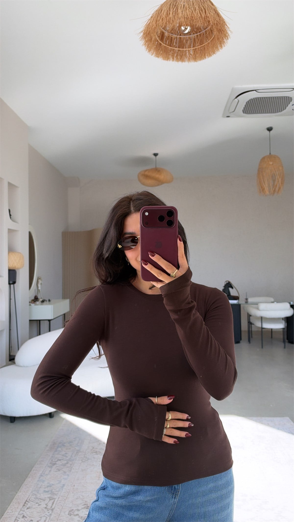 Kahverengi İthal Kumaş Parmak Geçme Body