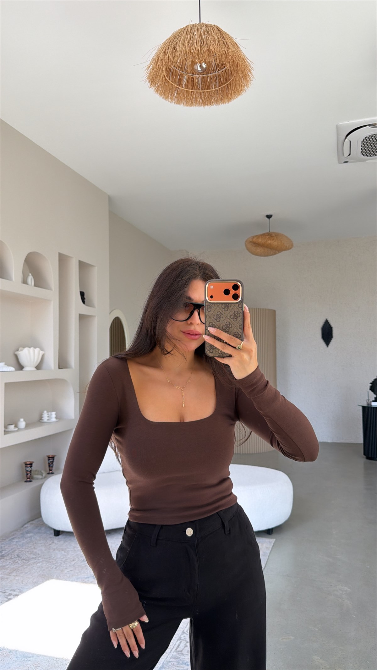 Kahverengi Kare Yaka Crop Pamuklu Uzun Kollu Basic