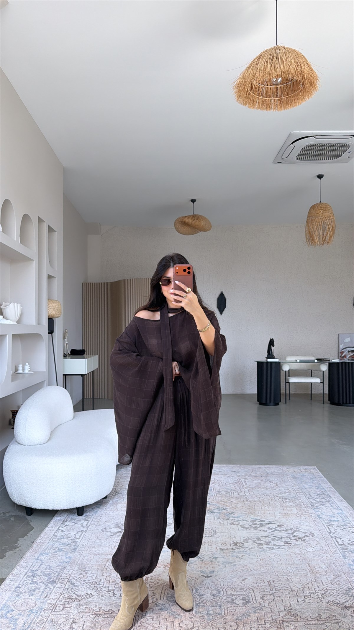 Kahverengi Kendinden Desenli Pançolu Pamuklu Takım