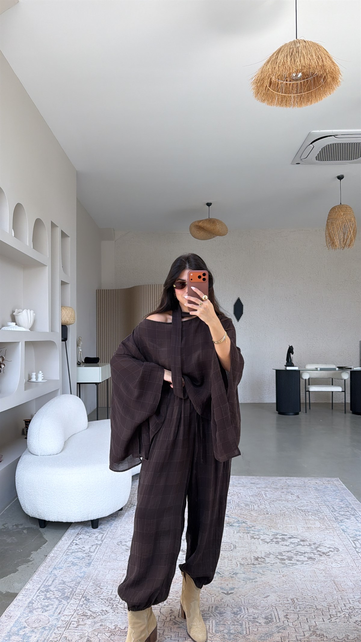 Kahverengi Kendinden Desenli Pançolu Pamuklu Takım