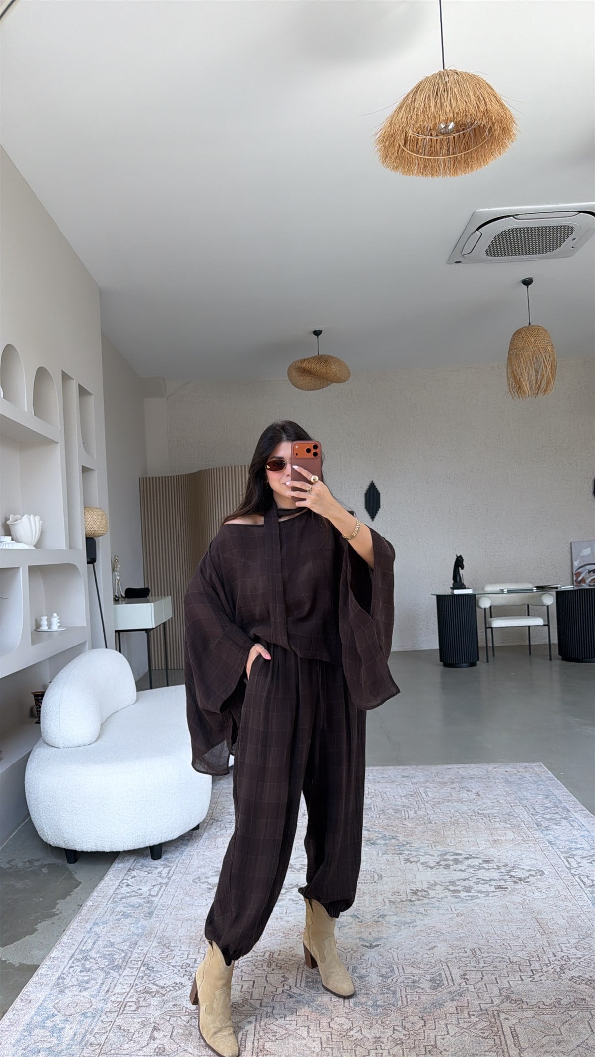 Kahverengi Kendinden Desenli Pançolu Pamuklu Takım