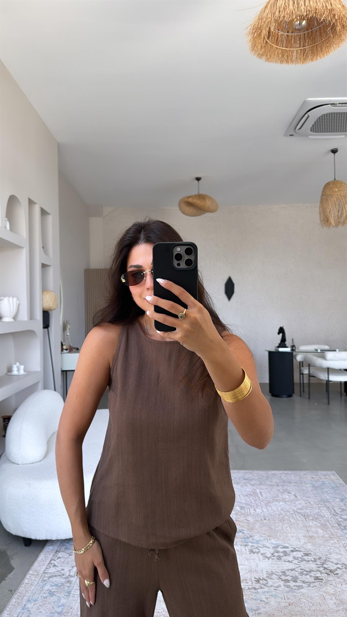 Kahverengi Keten Boncuk Detaylı Pantolon Bluz Takım