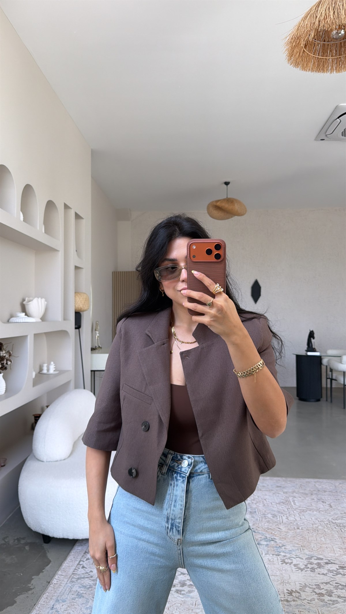 Kahverengi Keten Truvakar Kol Astarlı Crop Ceket