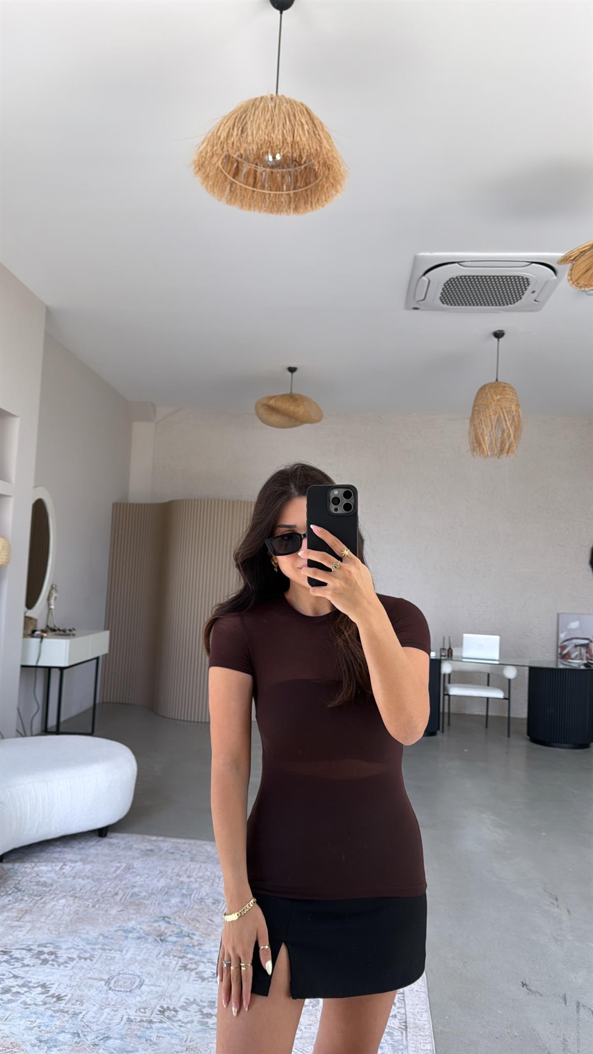 Kahverengi Kısa Kol Oys Transparan Bluz