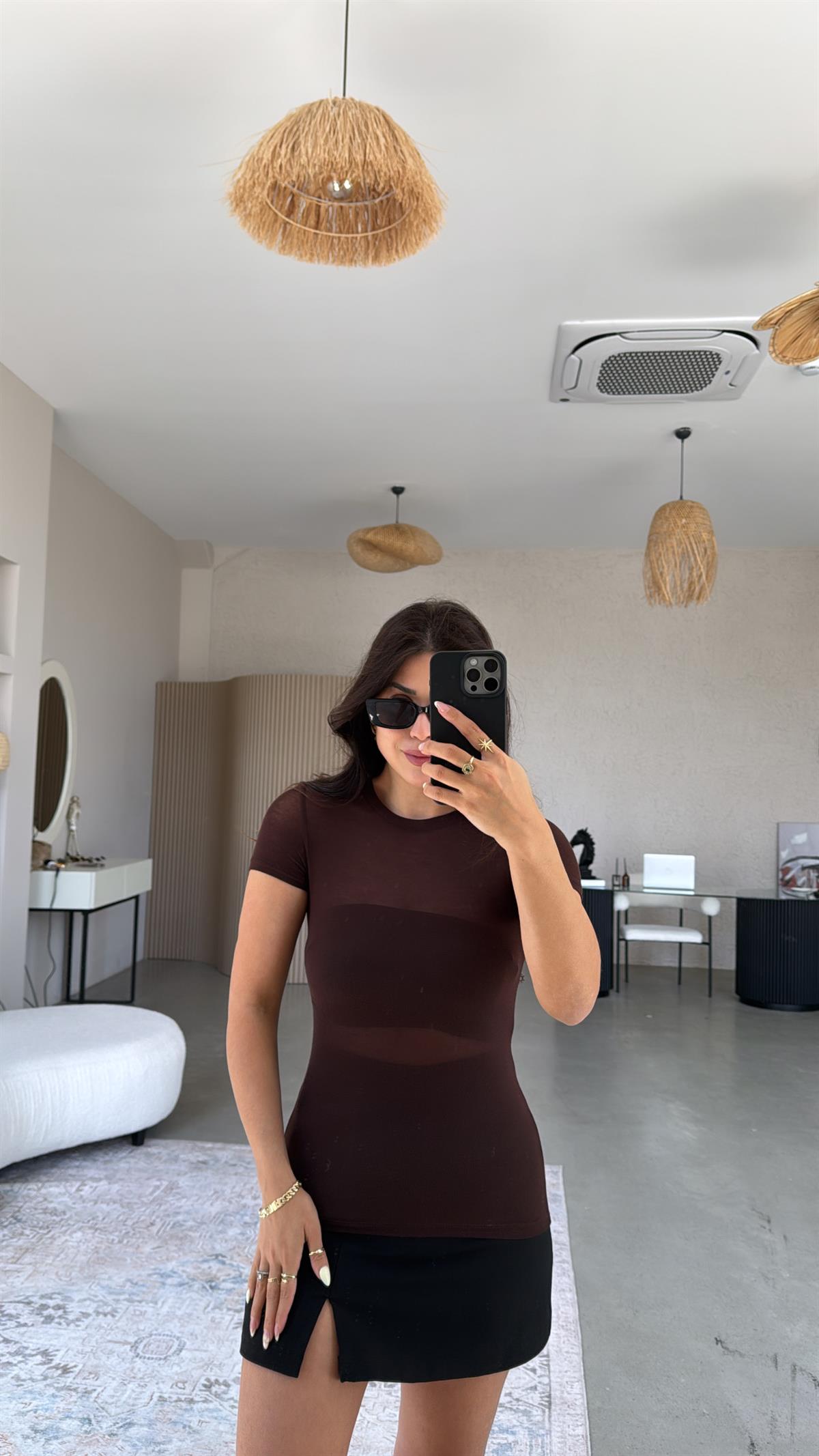 Kahverengi Kısa Kol Oys Transparan Bluz