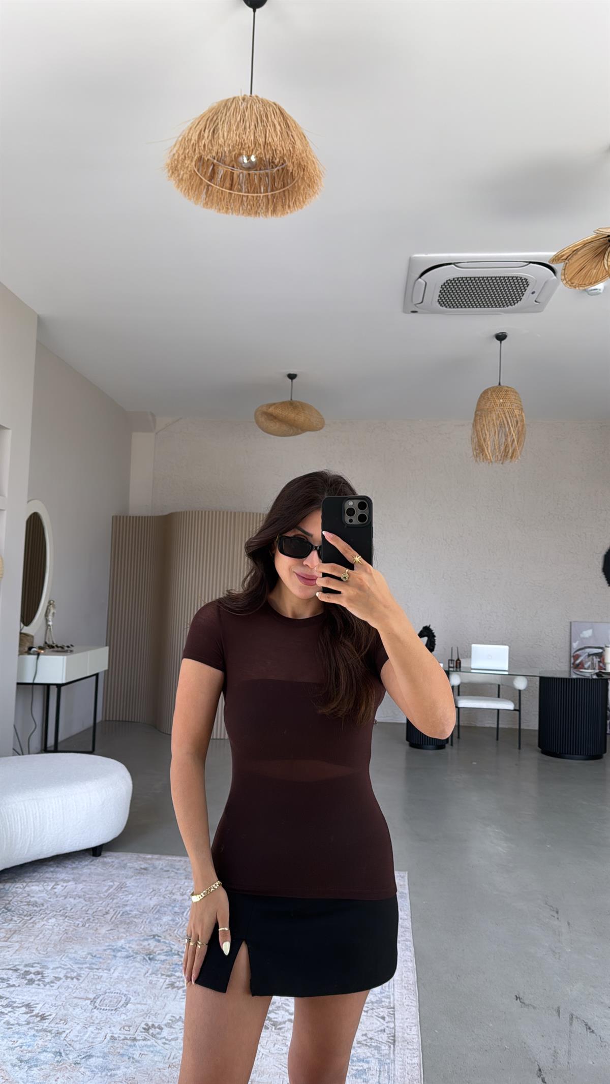 Kahverengi Kısa Kol Oys Transparan Bluz