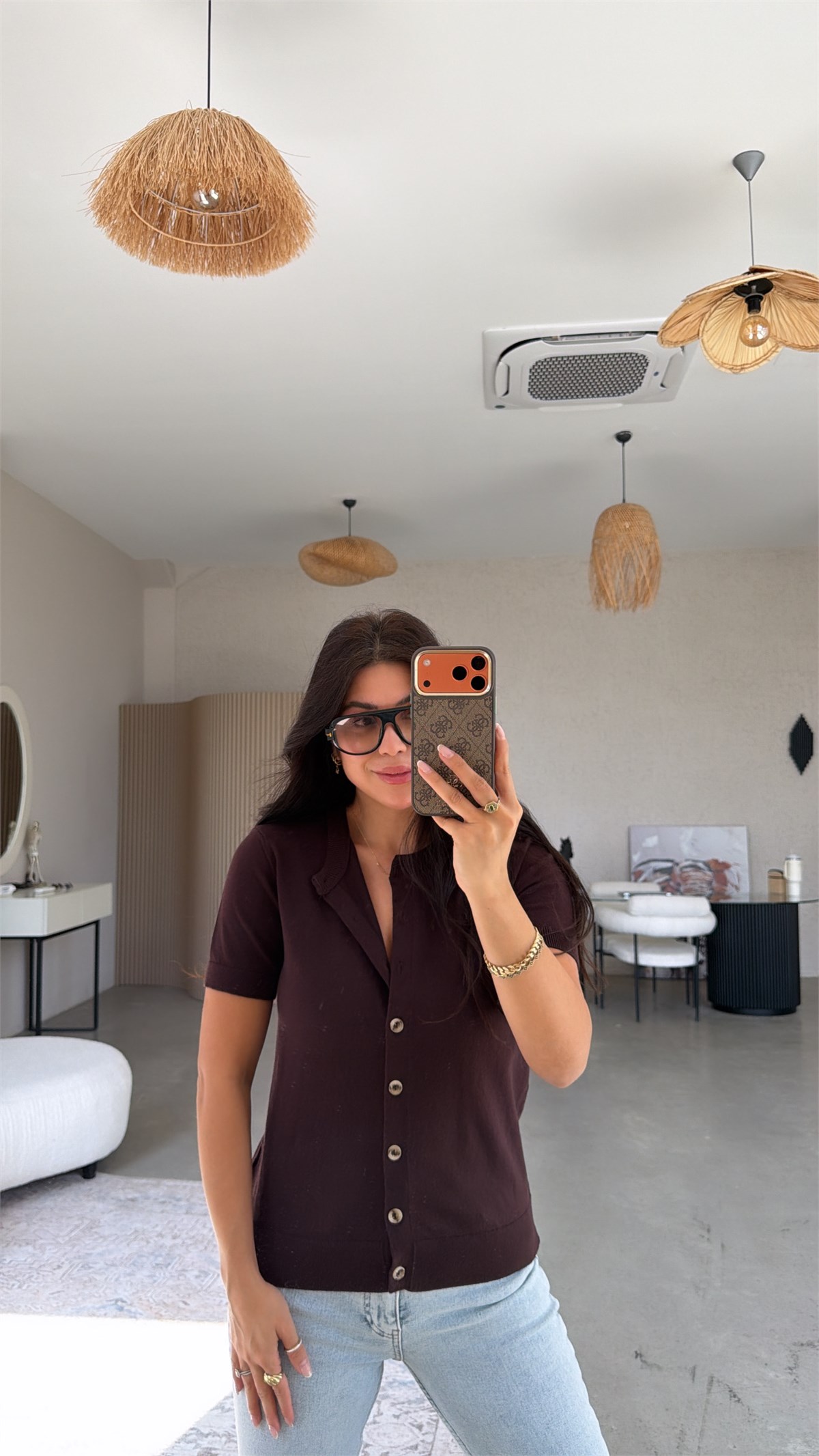 Kahverengi Kısa Kol Yumuşak Triko Hırka