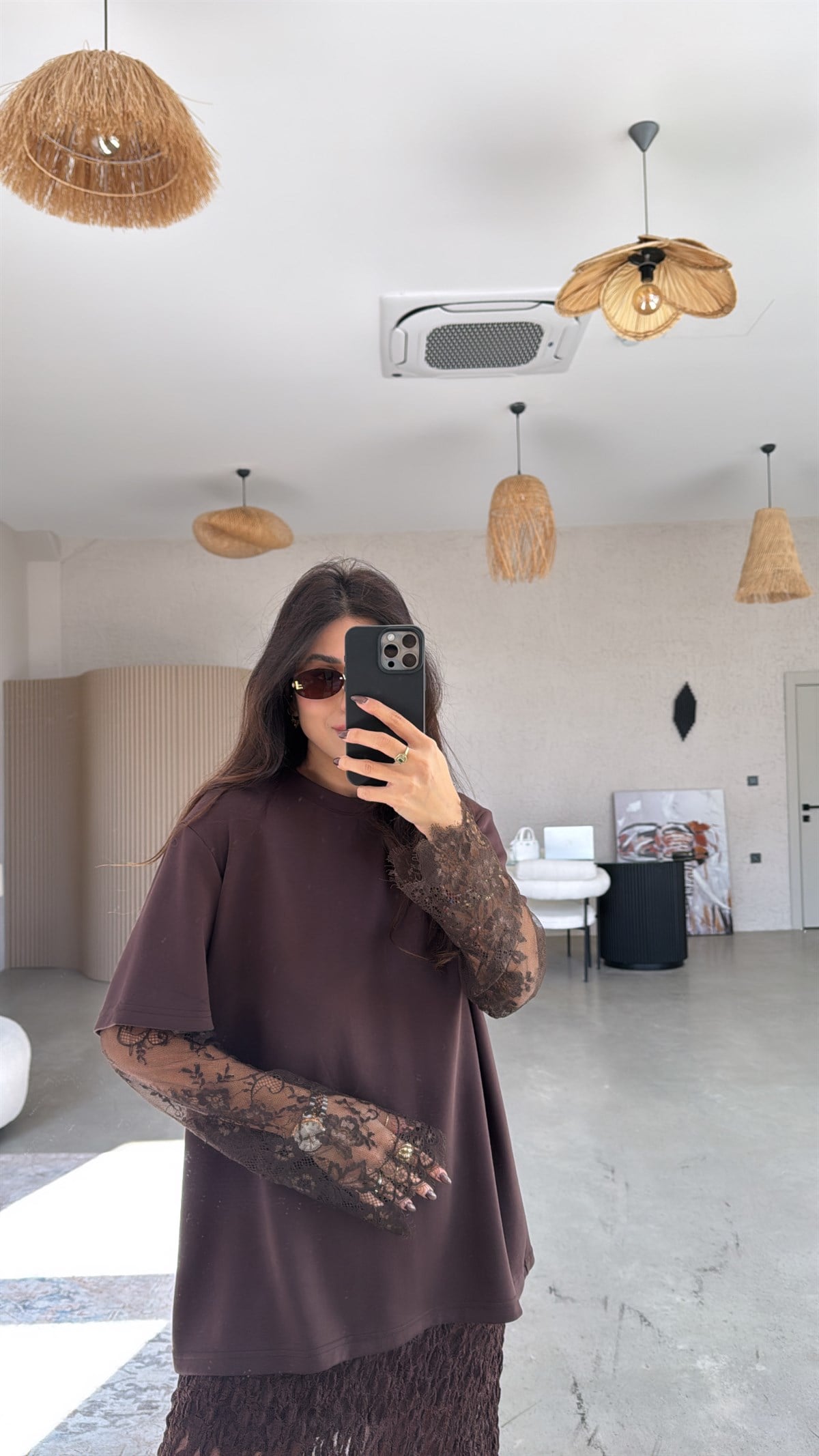 Kahverengi Kolları Dantelli Modal Tshirt