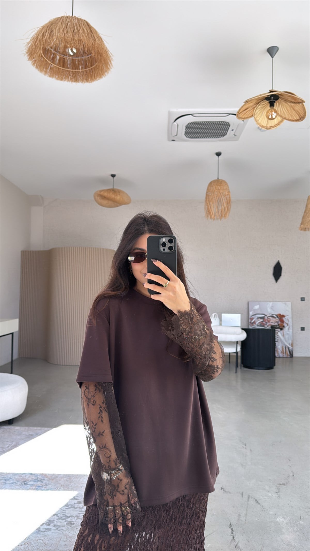 Kahverengi Kolları Dantelli Modal Tshirt