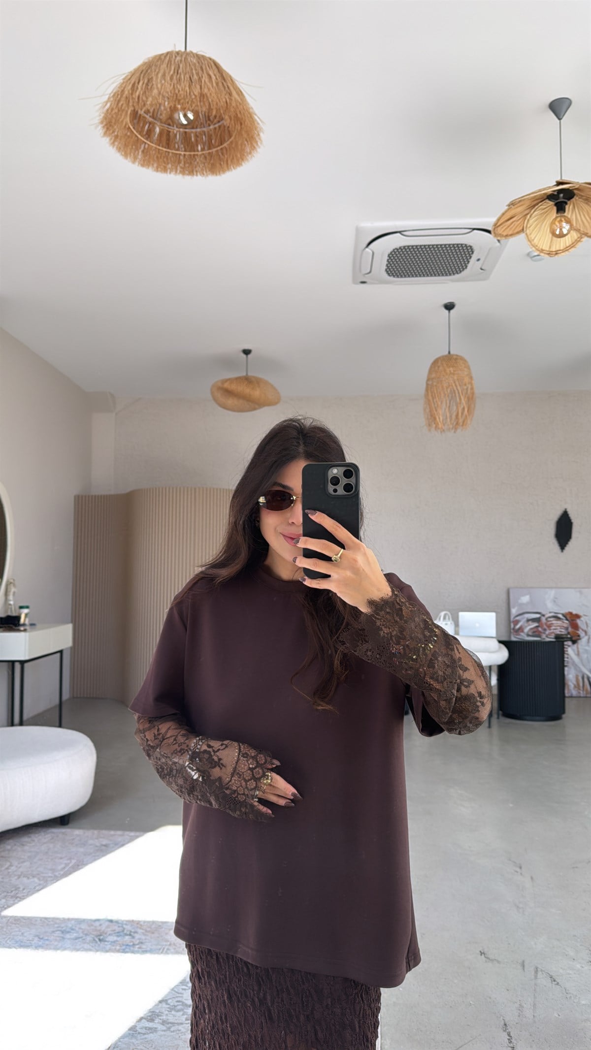 Kahverengi Kolları Dantelli Modal Tshirt