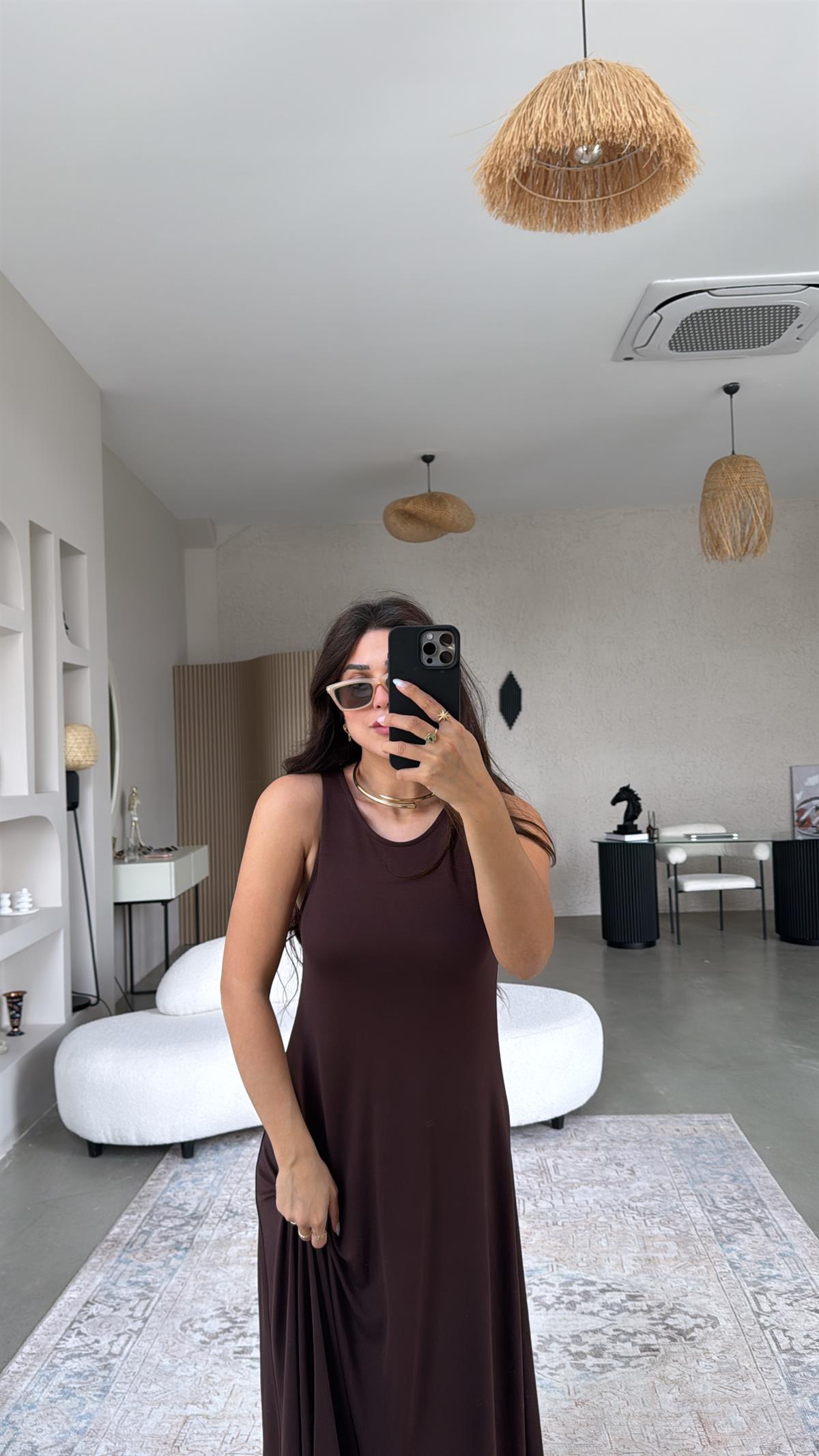 Kahverengi Kolsuz A Kesim Modal Elbise