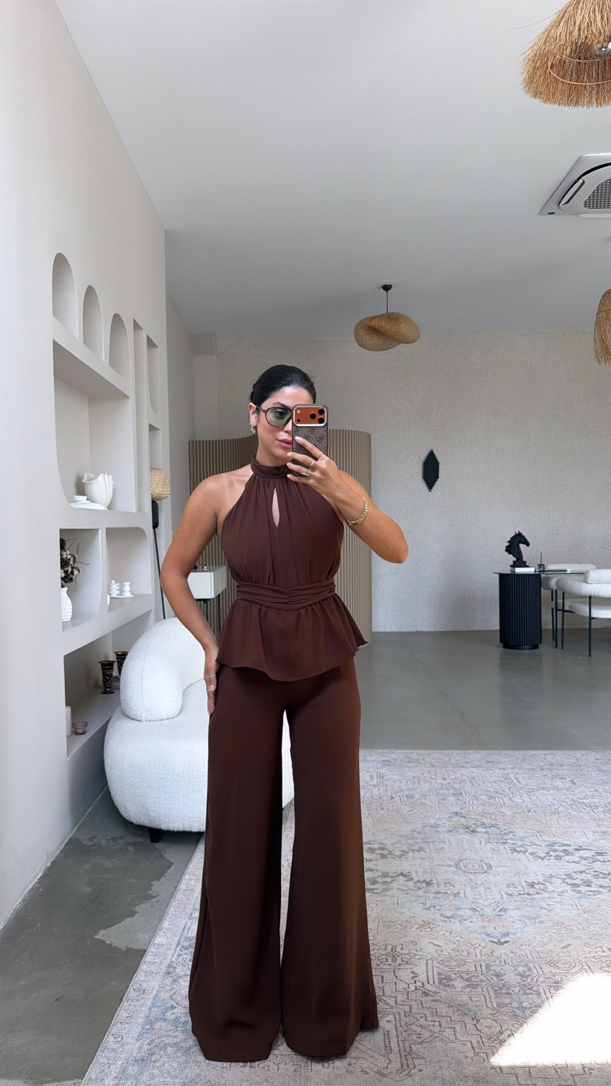 Kahverengi Krep Kumaş Premium Halter Yaka Tulum