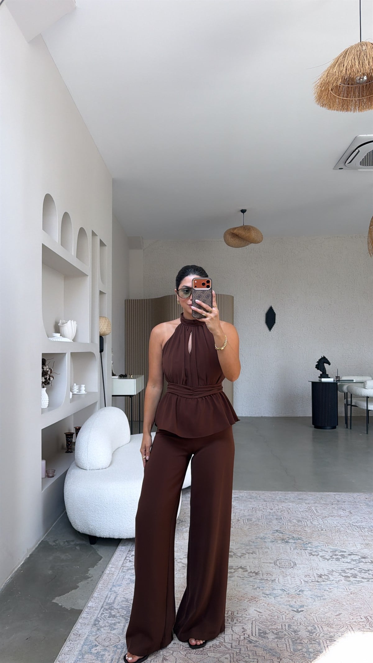 Kahverengi Krep Kumaş Premium Halter Yaka Tulum