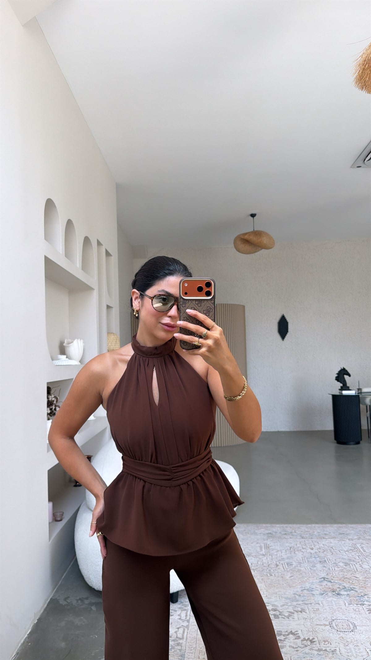 Kahverengi Krep Kumaş Premium Halter Yaka Tulum