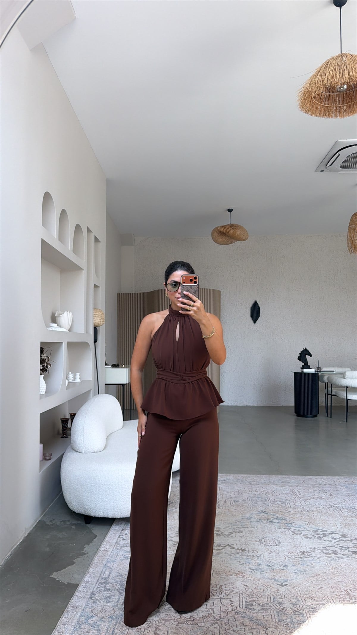Kahverengi Krep Kumaş Premium Halter Yaka Tulum