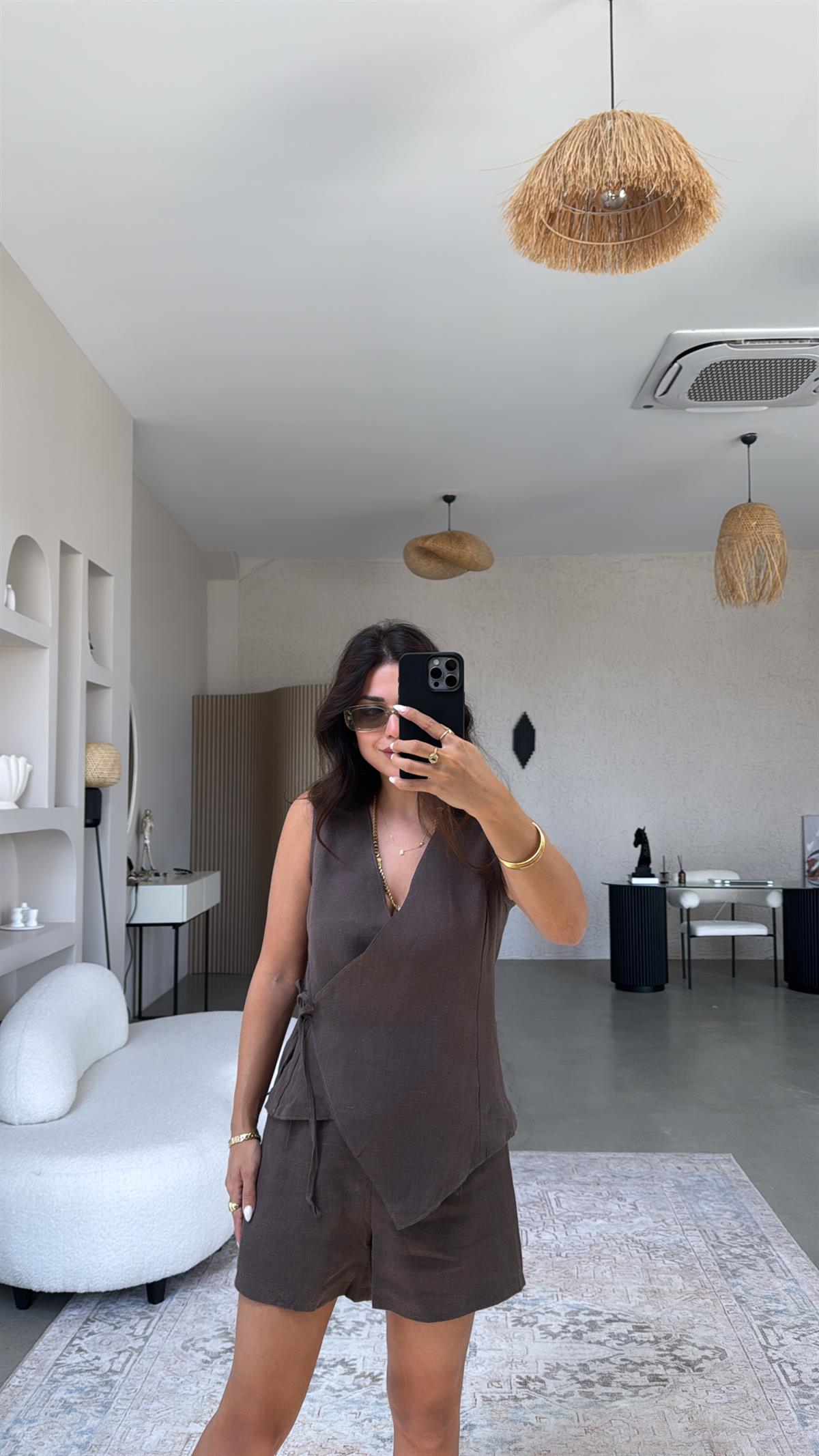 Kahverengi Kruvaze Ham Keten Şort Bluz Takım