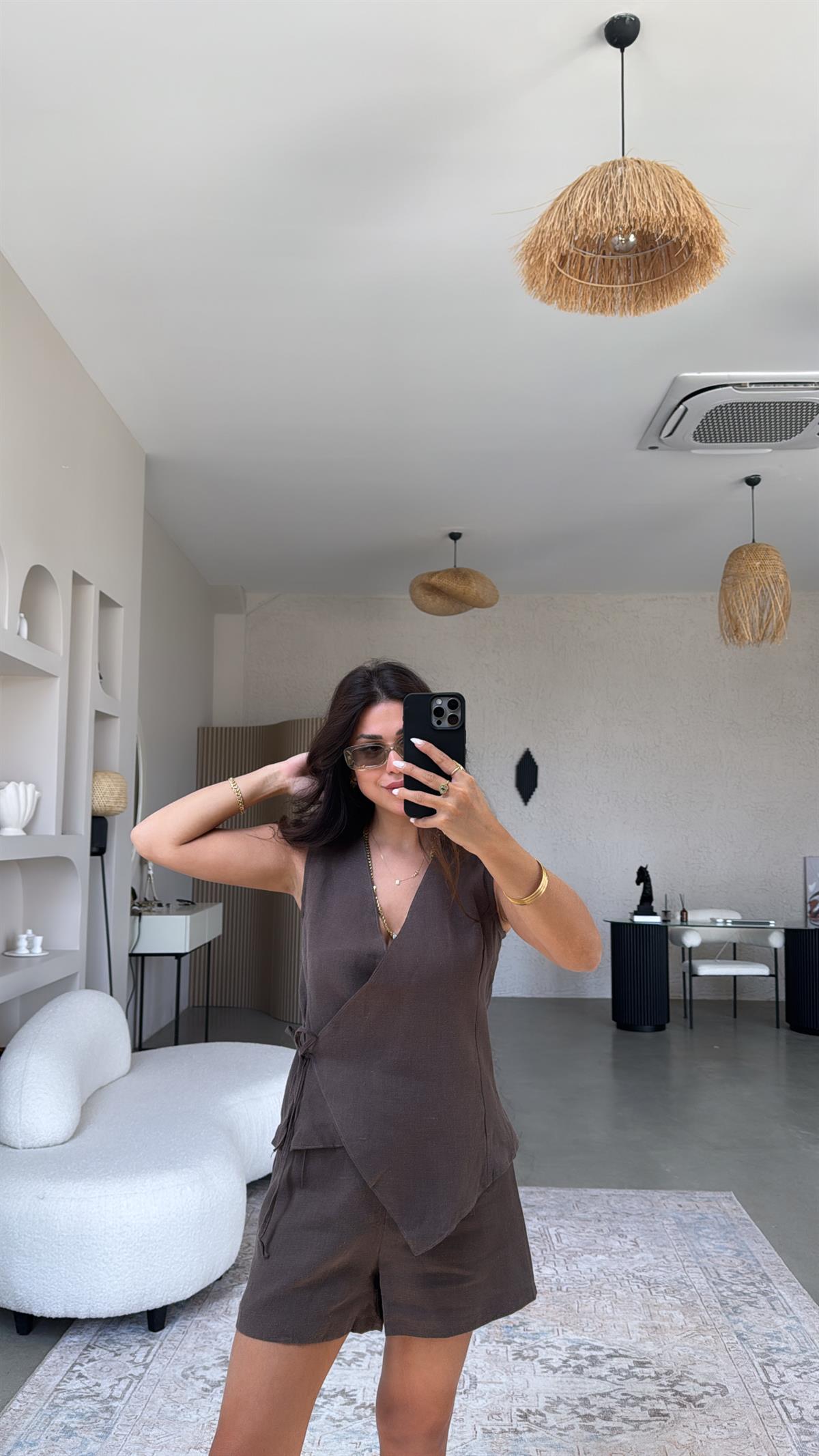 Kahverengi Kruvaze Ham Keten Şort Bluz Takım