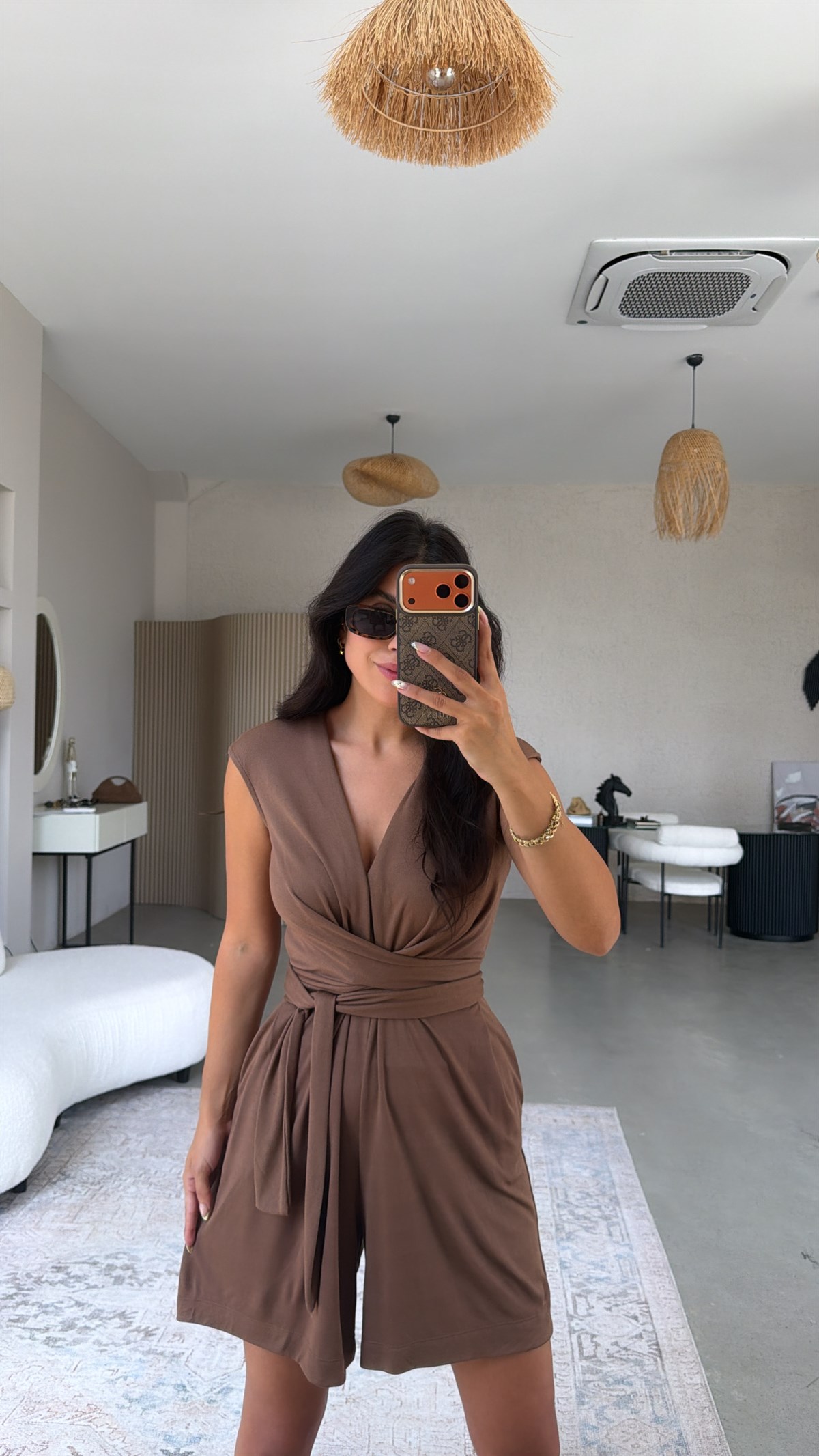 Kahverengi Kruvaze Şortlu Tulum