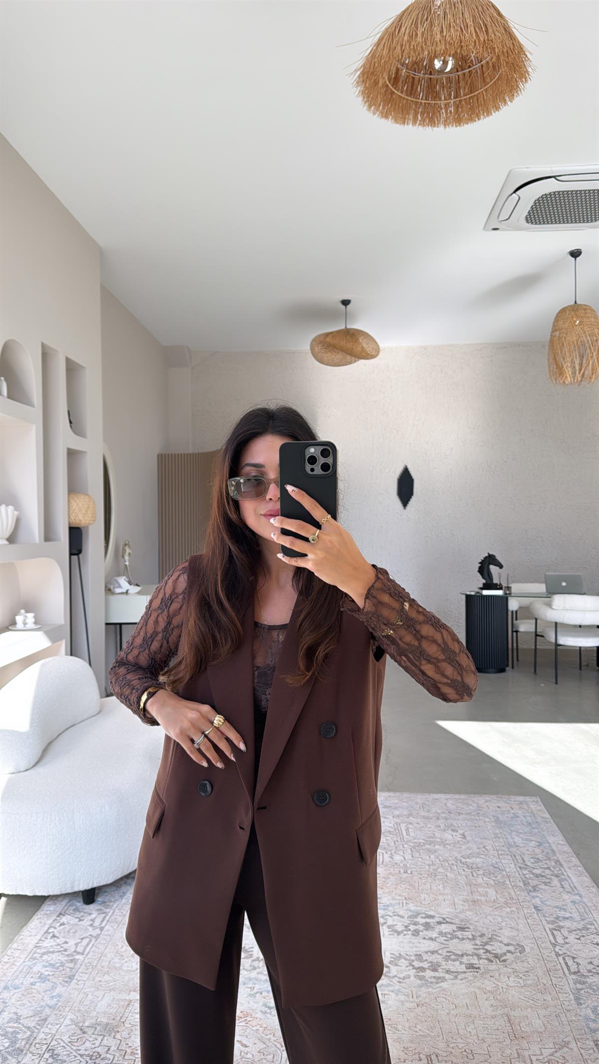 Kahverengi Kumaş Astarlı Yelek