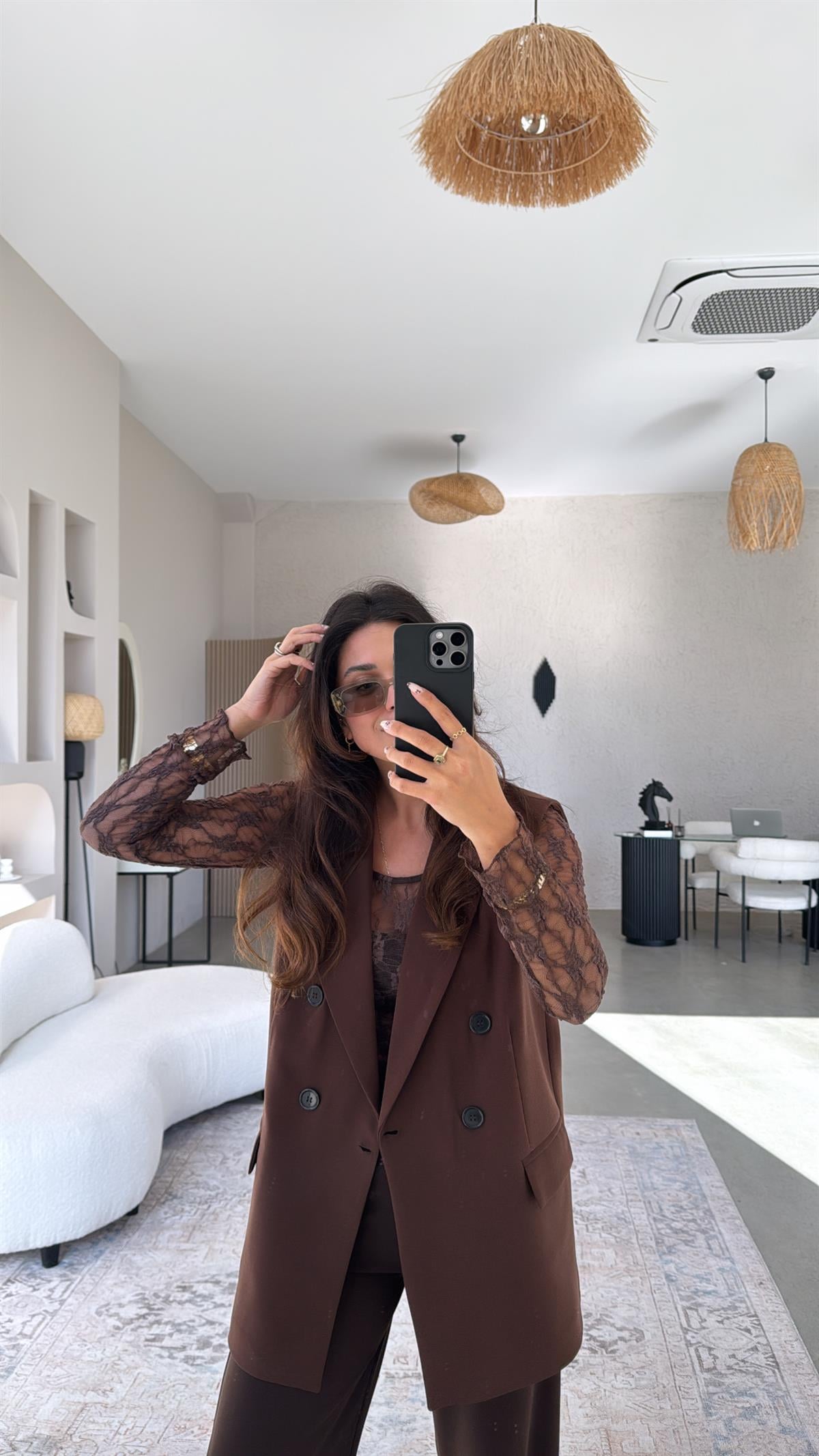 Kahverengi Kumaş Astarlı Yelek