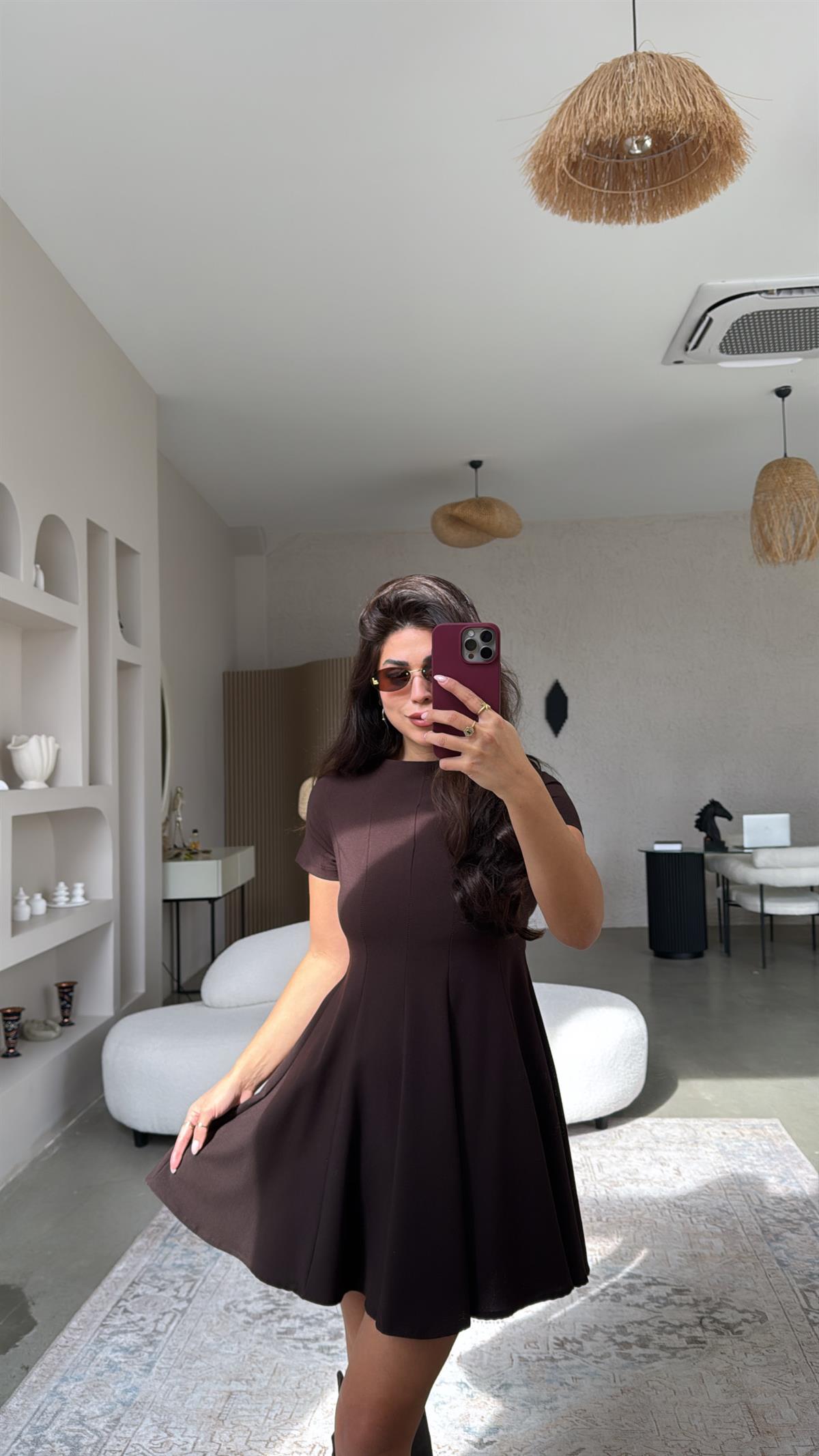Kahverengi Massi Kısa Kollu Kiloş Elbise