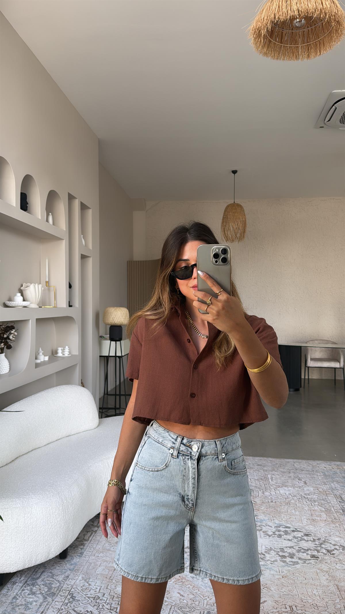 Kahverengi Massimo Crop Keten Gömlek