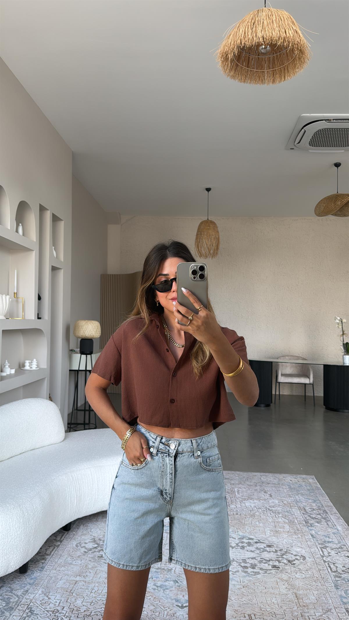 Kahverengi Massimo Crop Keten Gömlek