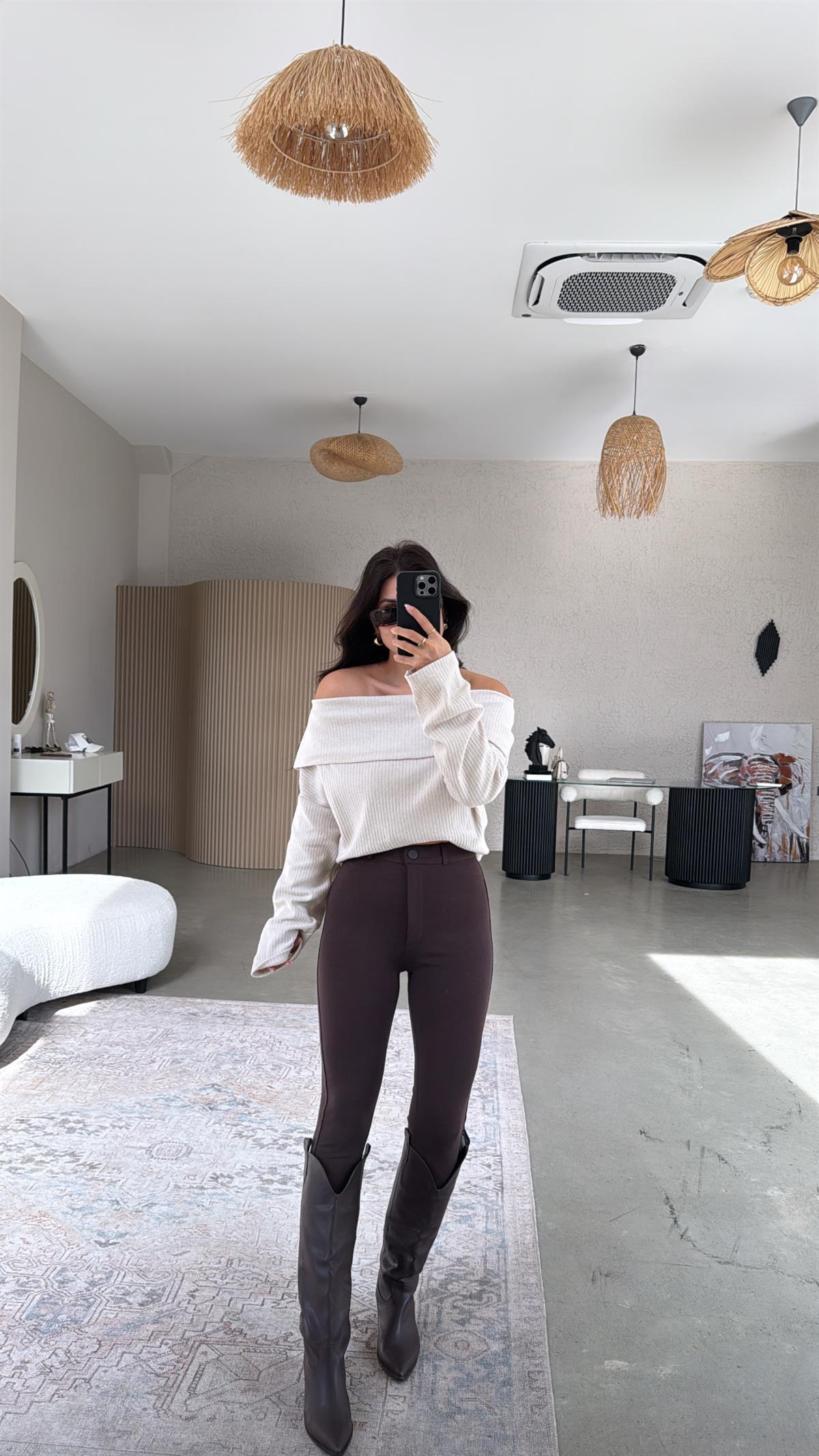 Kahverengi Mat Düğmeli Çelik Tayt Pantolon