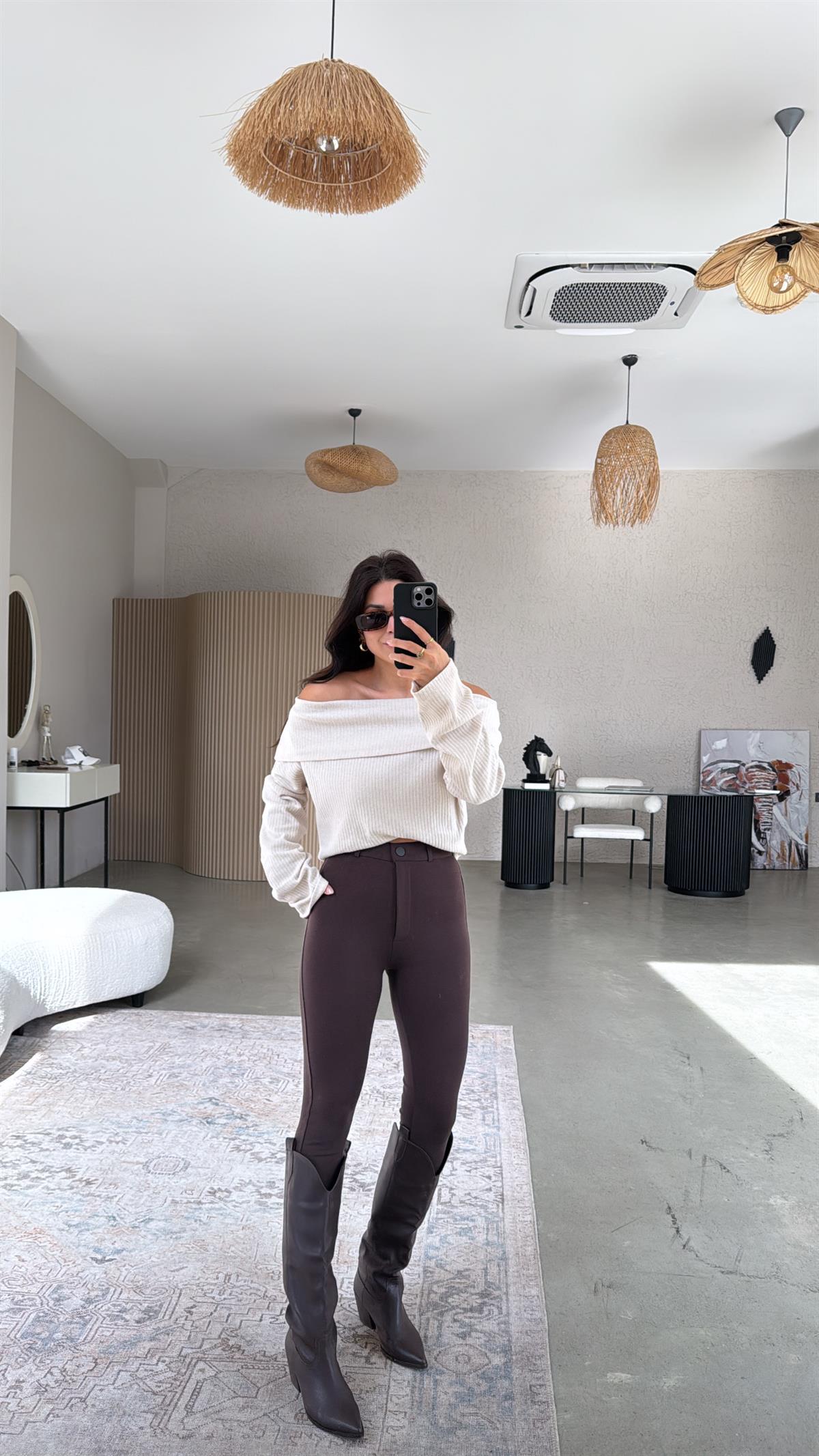 Kahverengi Mat Düğmeli Çelik Tayt Pantolon