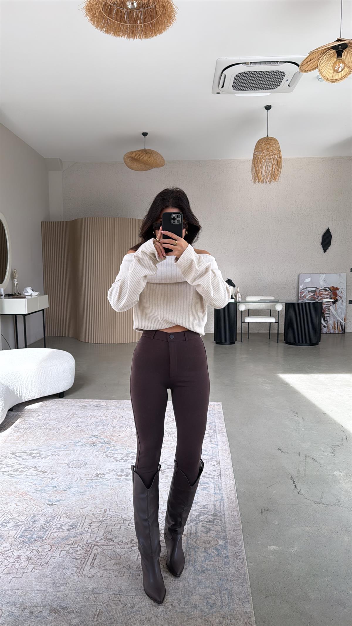 Kahverengi Mat Düğmeli Çelik Tayt Pantolon