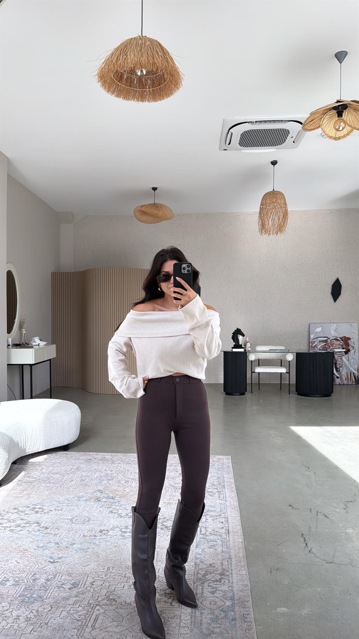 Kahverengi Mat Düğmeli Çelik Tayt Pantolon