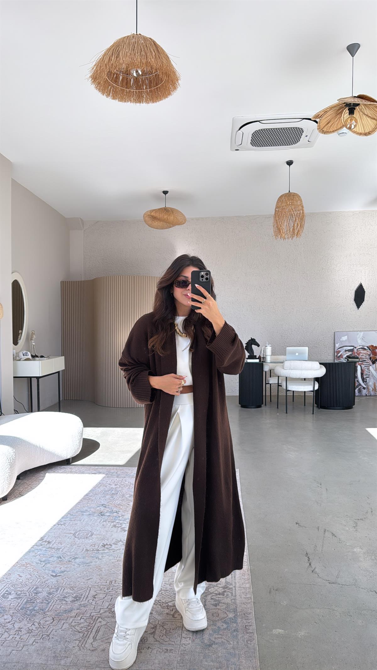 Kahverengi Maxi Yumoş Hırka