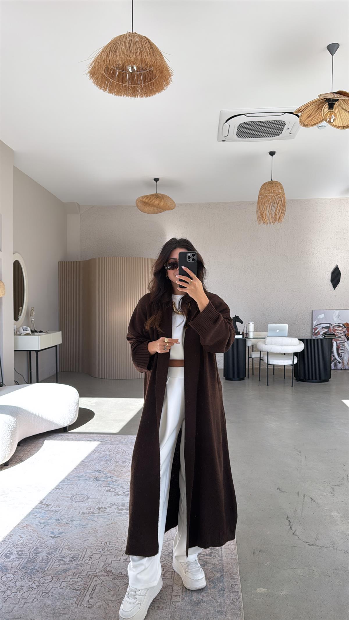 Kahverengi Maxi Yumoş Hırka