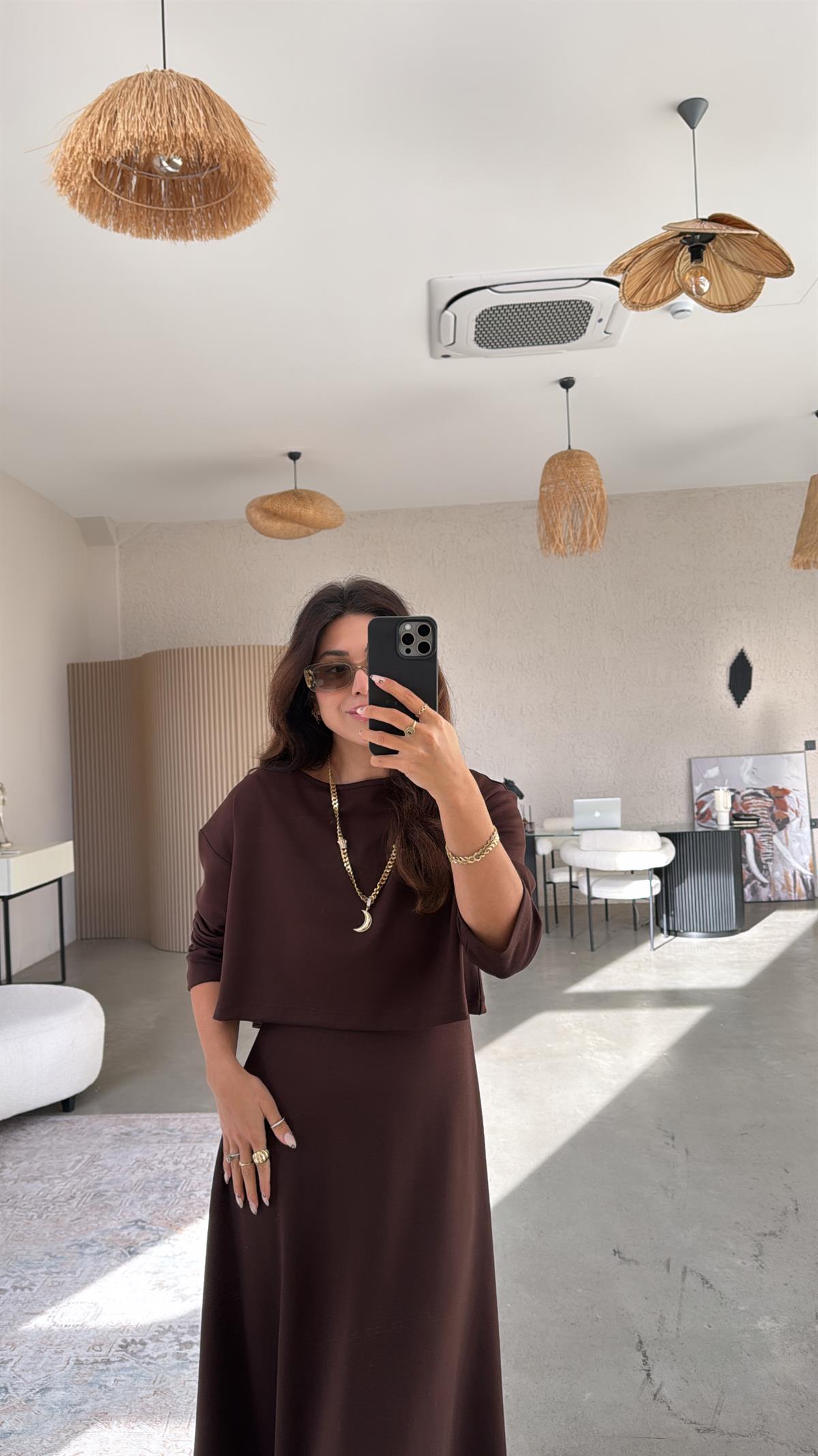 Kahverengi Modal Elbise Bluz İkili Takım