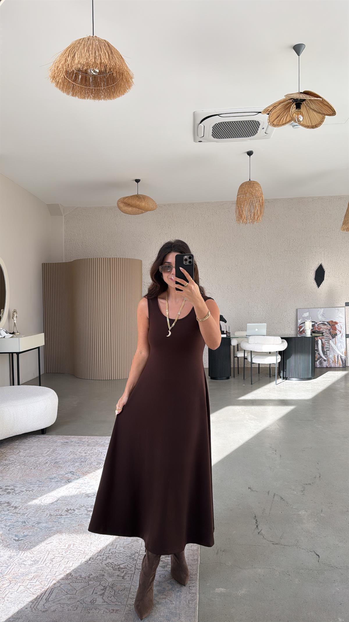 Kahverengi Modal Elbise Bluz İkili Takım
