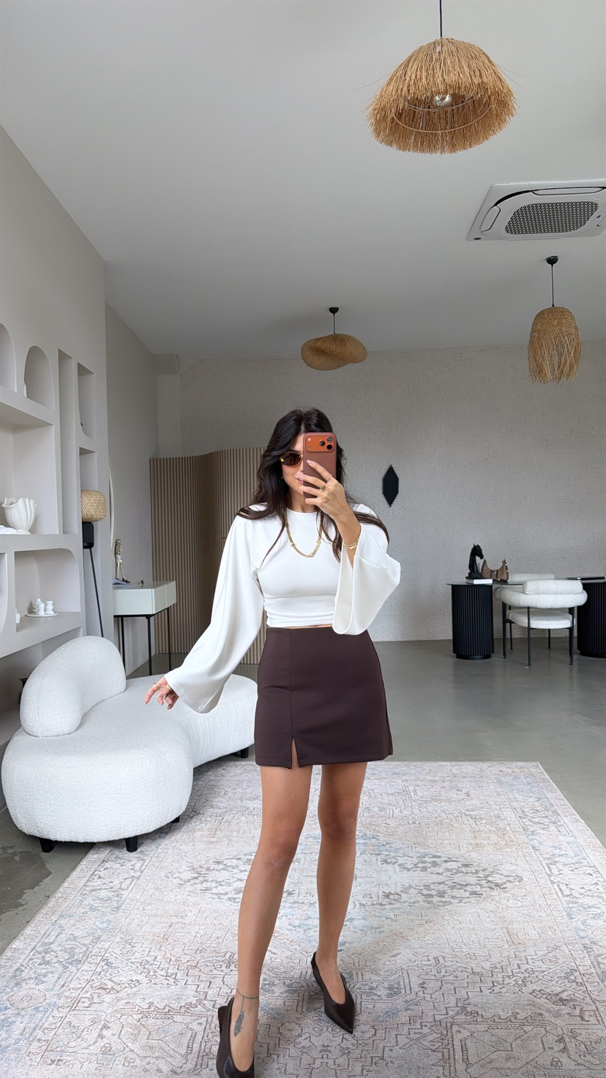 Kahverengi Modal Mini Yırtmaçlı Şortlu Etek