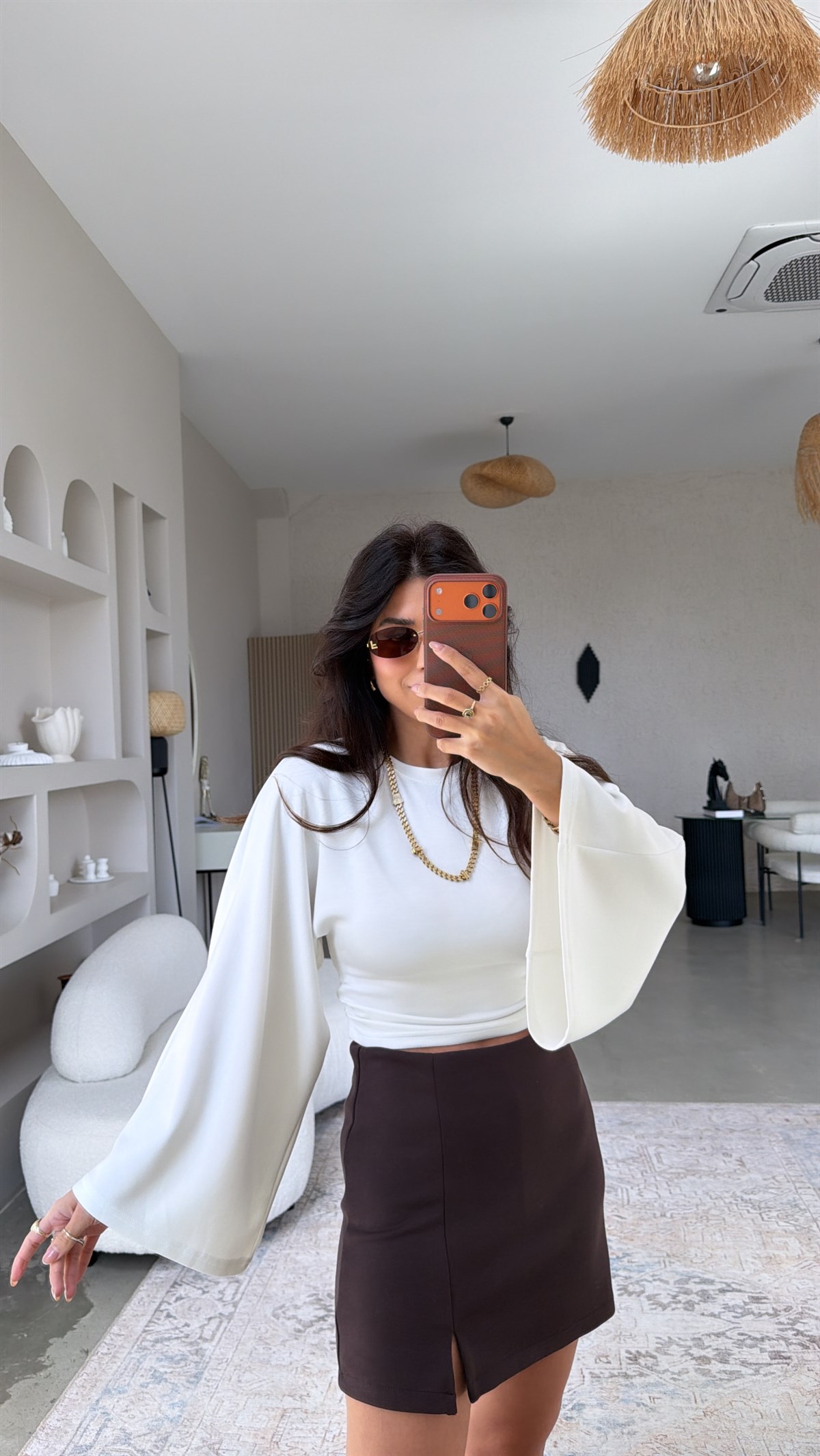 Kahverengi Modal Mini Yırtmaçlı Şortlu Etek